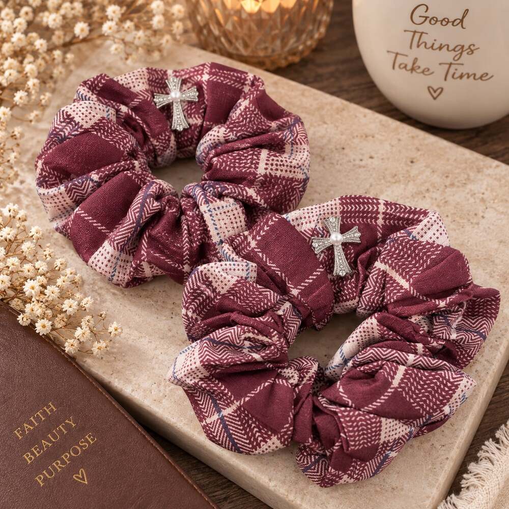 Burgundy Plaid Scrunchie Set of 2 Cottagecore Preppy Hair Ties